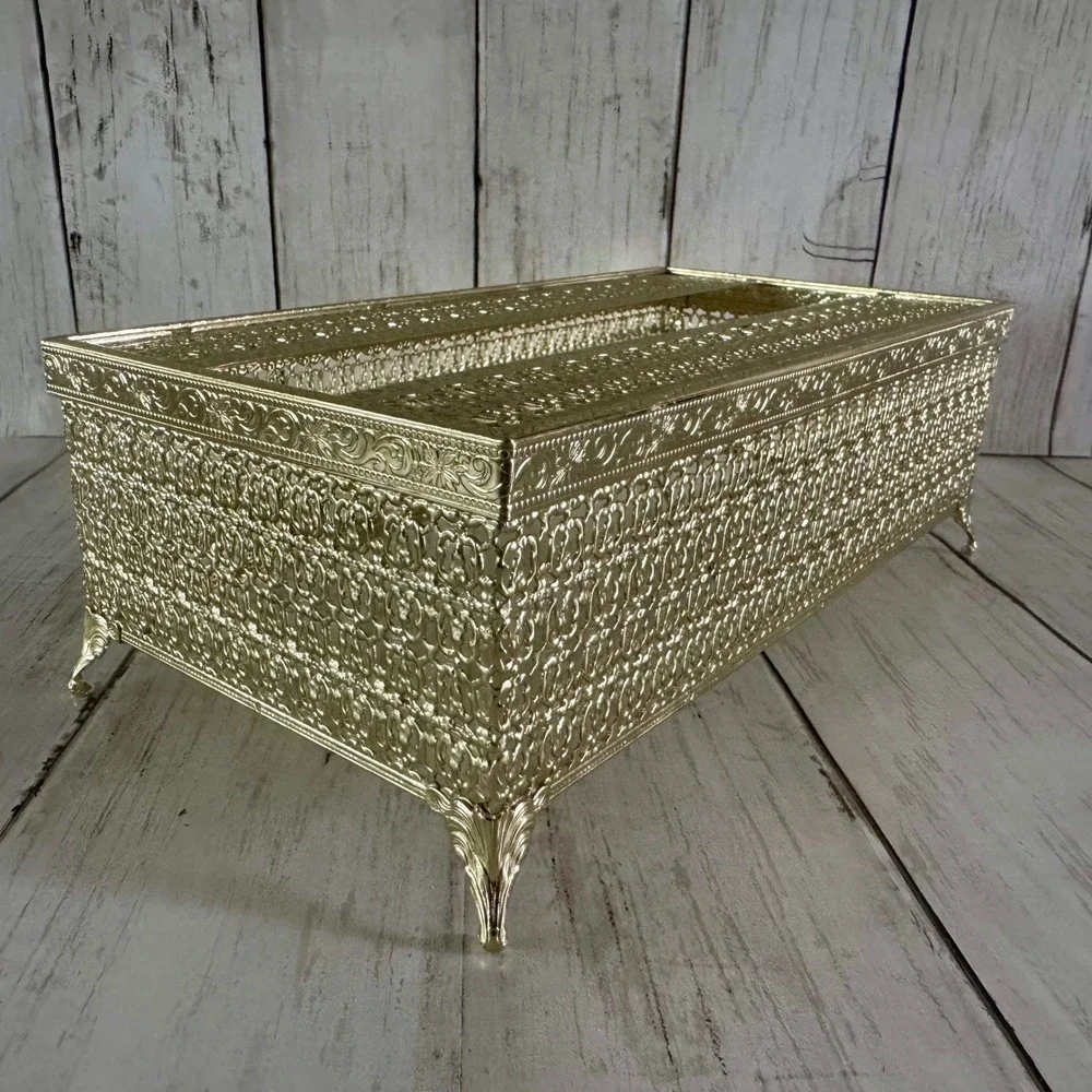 Vintage Gold Filigree Tissue Box Cover Hollywood Regency Metal Footed Ornate MCM